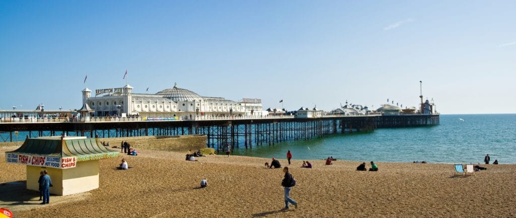 Brighton beach and seafront view with people walking