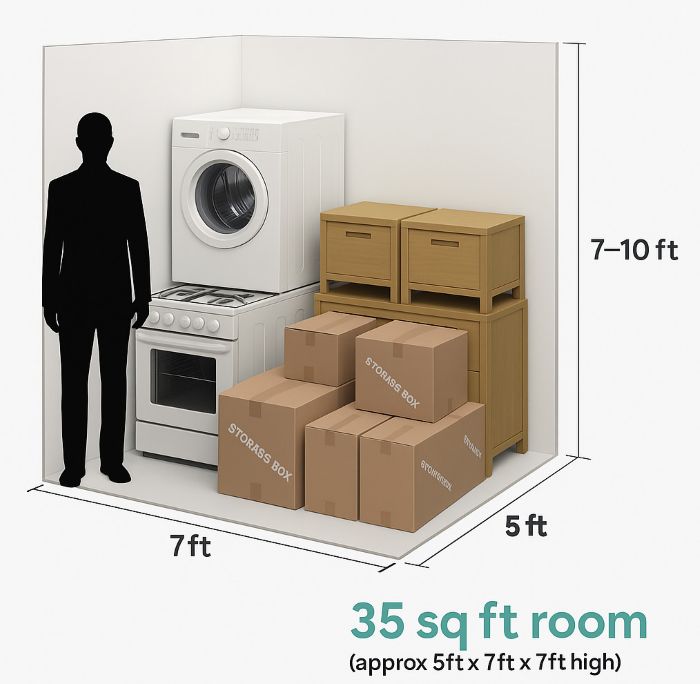 3D image of a 35 sq ft storage unit with boxes, appliances, and a person beside it, showing a labelled height of 7–10 feet.