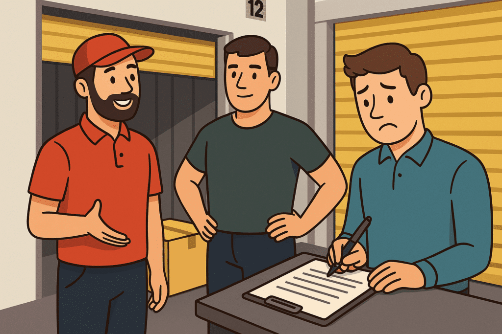 Cartoon illustration of a friendly storage team discussing customer plans