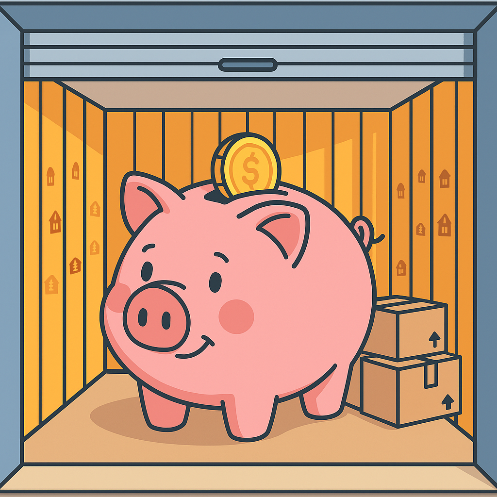 Illustration of a piggy bank inside a storage unit symbolising affordable storage prices