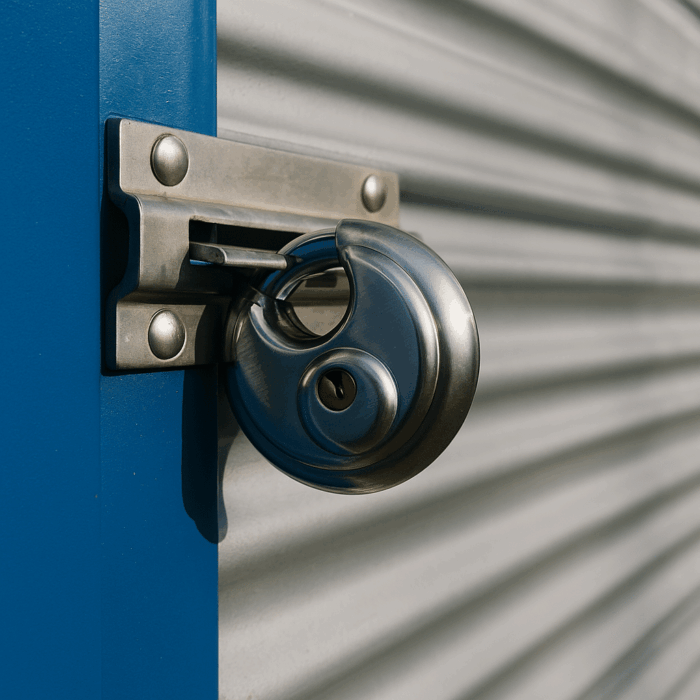 Close-up of a heavy-duty steel padlock securing a Henfield Storage unit door