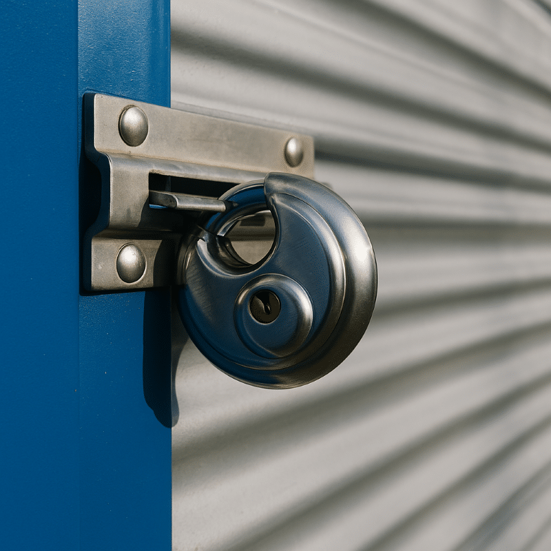 Close view of a steel padlock and latch on a storage unit door