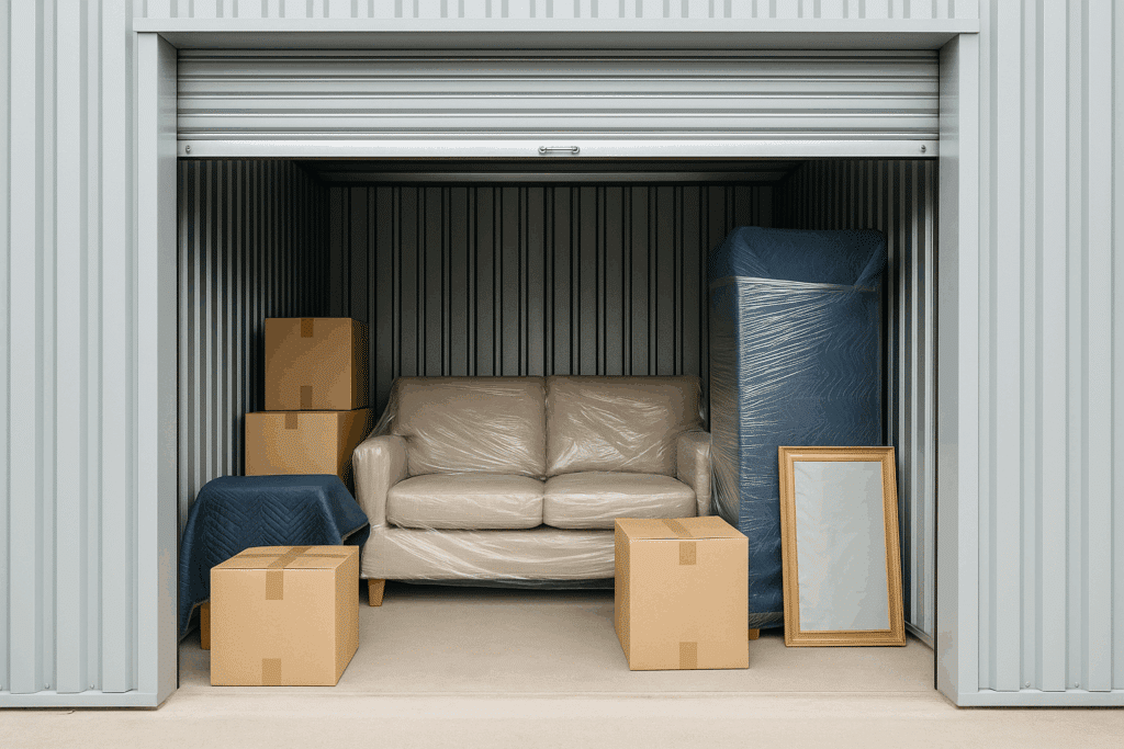 Open storage unit containing a sofa, boxes, and furniture ready for storage