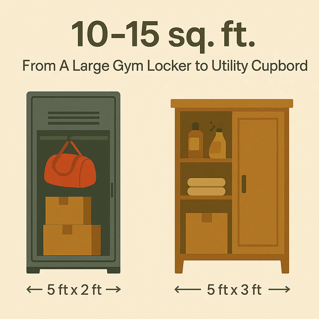 Diagram of a 10–15 sq ft storage unit with locker and cupboard example