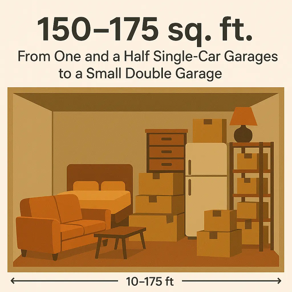 150–175 sq ft storage unit diagram showing furniture, fridge, boxes, and shelving in a garage-sized layout