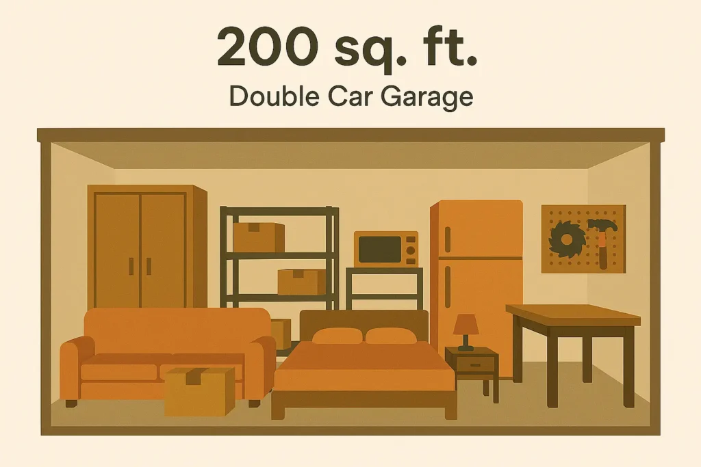 200 sq ft storage unit diagram showing a double garage layout with furniture, boxes, and workbenches
