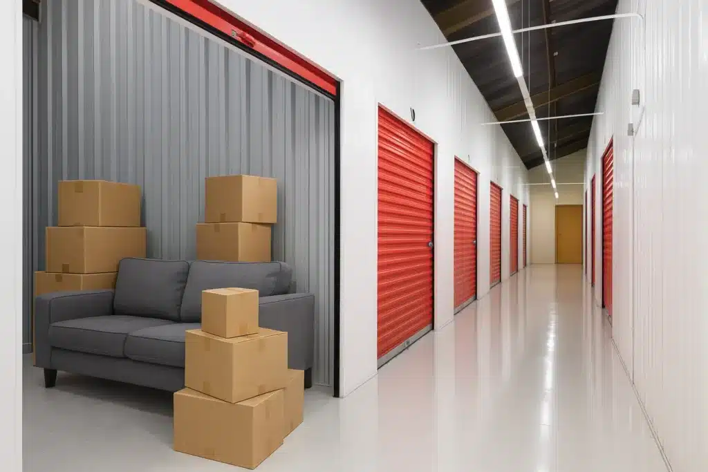 Sofa, boxes, and furniture inside a Henfield storage unit