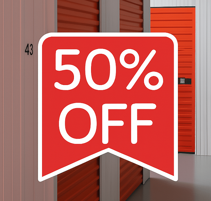 Henfield Storage corridor with 50% off offer badge overlay