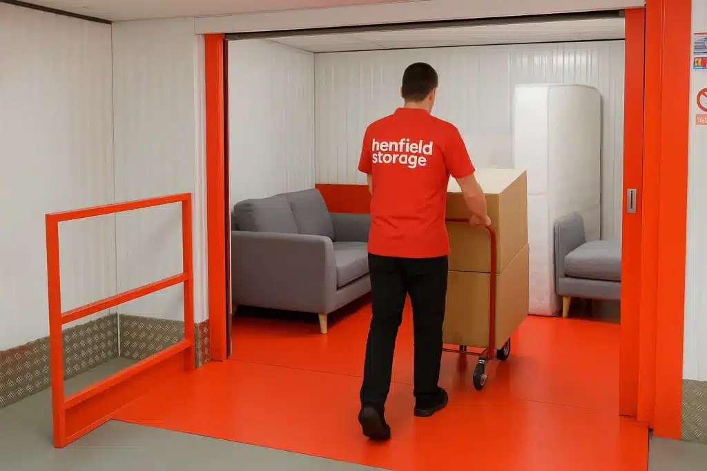 Henfield Storage staff member loading furniture and boxes into a storage lift