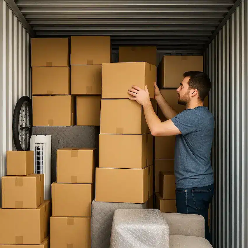 Man packing boxes in a 75 sq ft storage unit