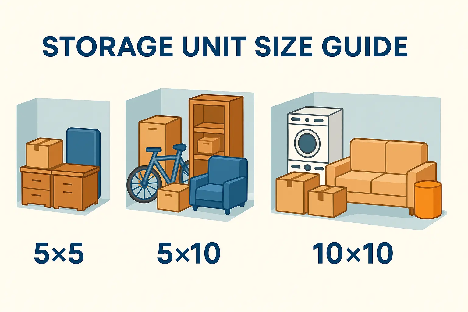 Storage unit size guide showing 5x5, 5x10, and 10x10 units with illustrated contents like boxes, furniture, and appliances