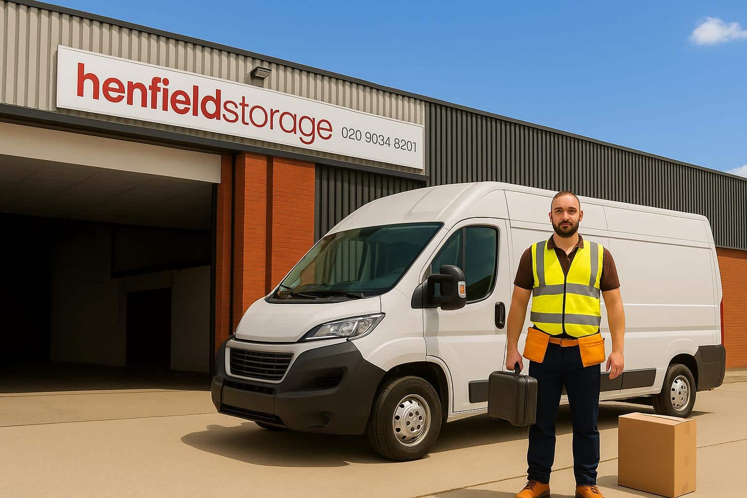 Tradesman outside Henfield Storage with a white van, toolbox, and boxes, representing tools and equipment storage in London.