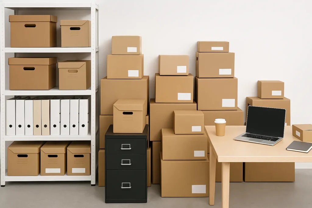 Office storage with shelves, boxes, and files neatly arranged