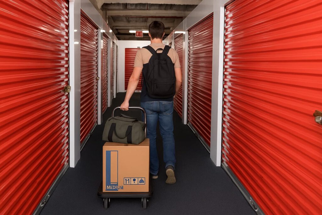 Man with a backpack pushing a trolley of belongings inside a self-storage facility, highlighting the risks of trying to live in a storage unit.
