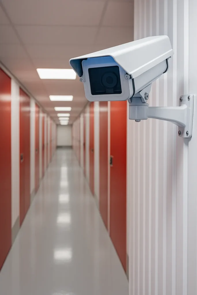 Close-up of a security camera inside a Henfield Storage corridor with red unit doors.