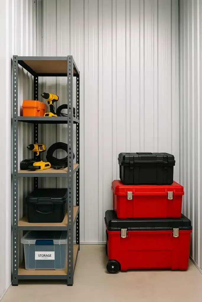 Freestanding metal shelving with power tools and stacked toolboxes inside a clean indoor storage unit.