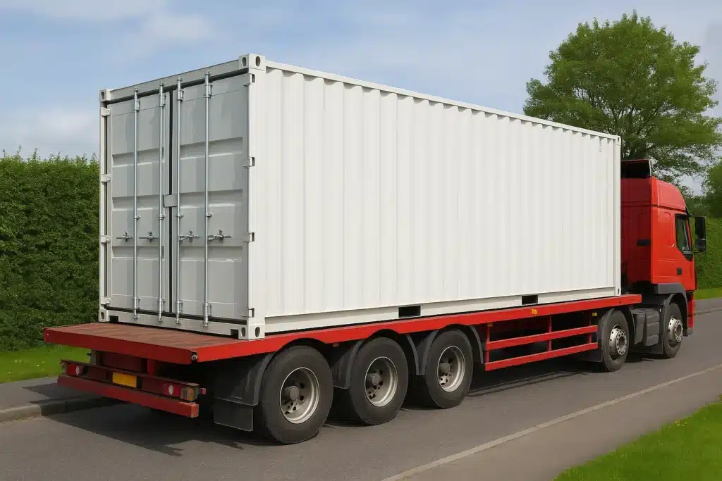 White storage container on a flatbed truck being delivered to a property