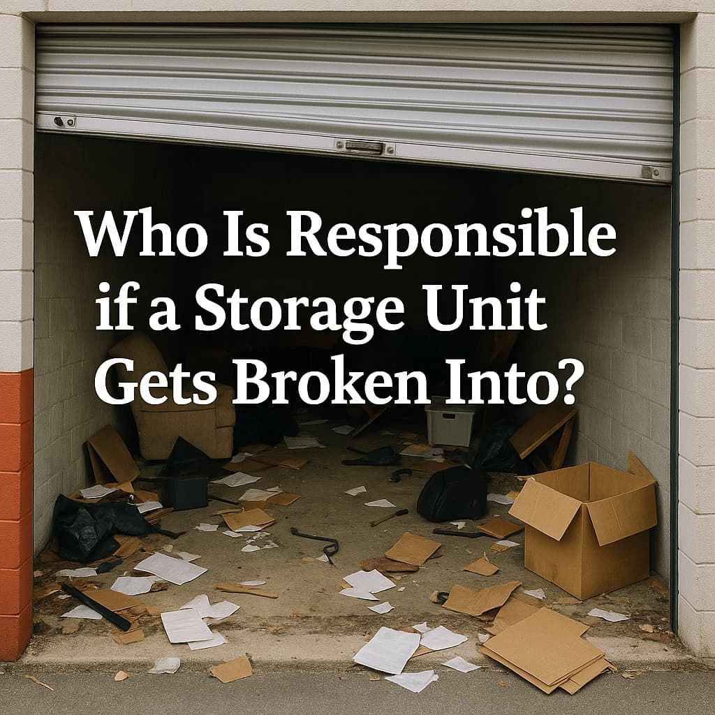 Broken storage unit with belongings scattered and text asking who is responsible for a break in