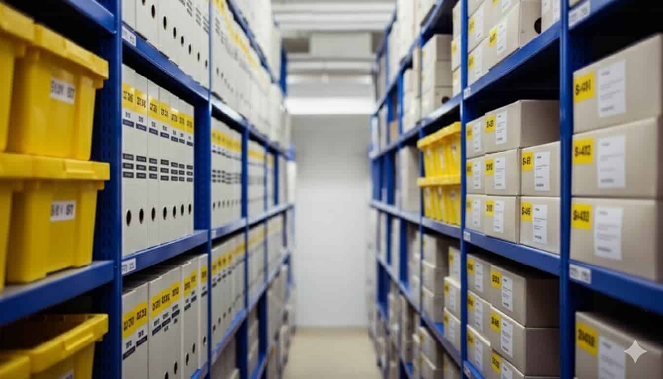 Long view of an aisle in a secure archive storage facility with shelving, storage boxes, and document boxes.