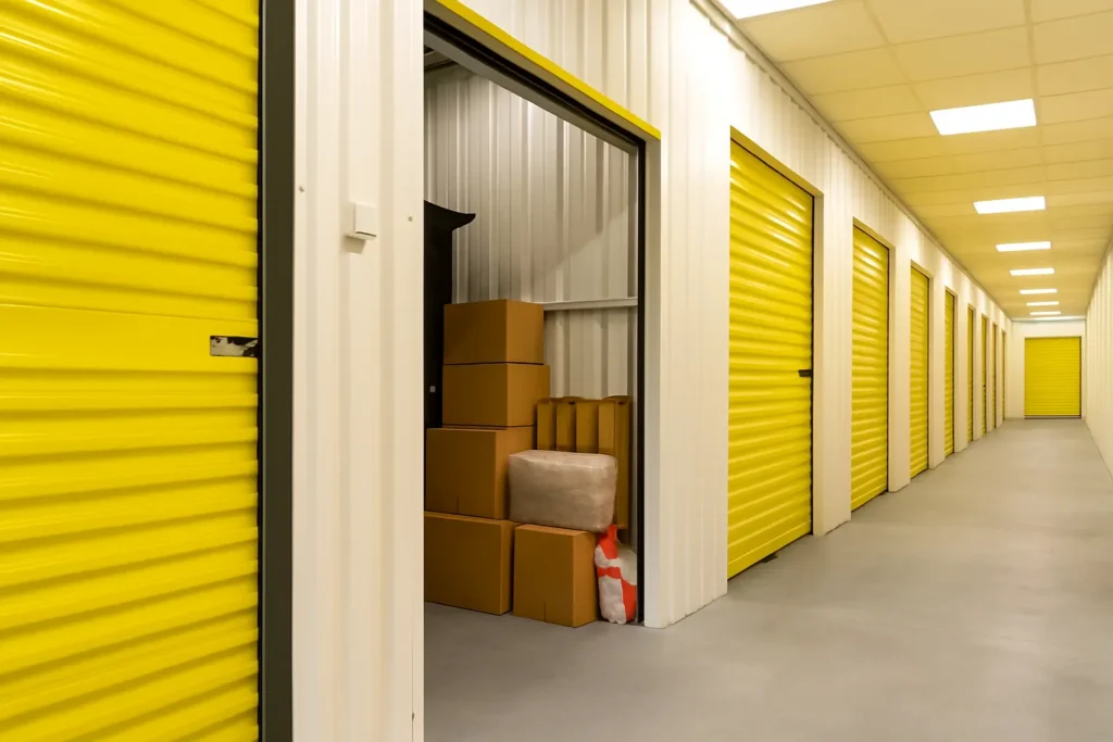 Bright yellow storage unit doors in a clean, well-lit self storage corridor