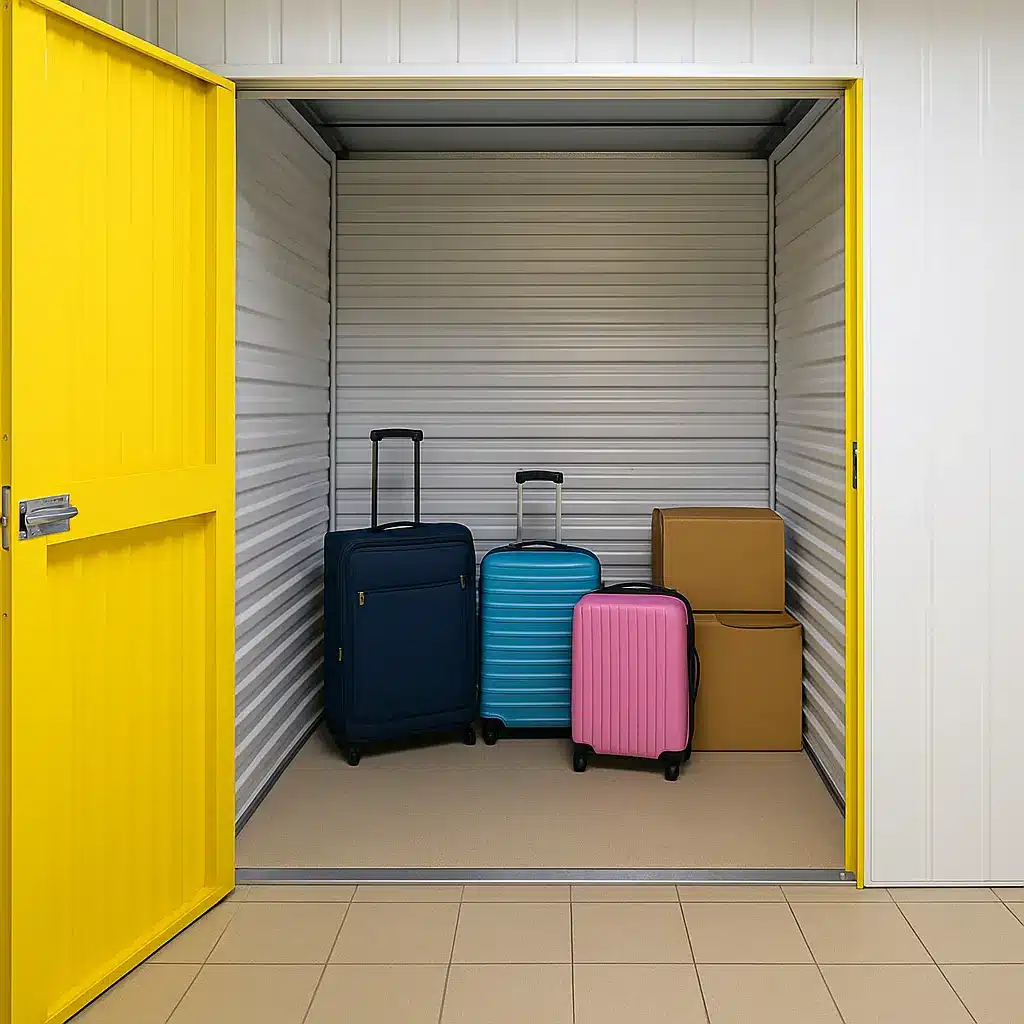 Open yellow Henfield storage unit showing suitcases and boxes neatly stored inside