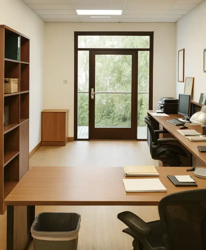 Bright, tidy office with desks, chairs, and computers but no people